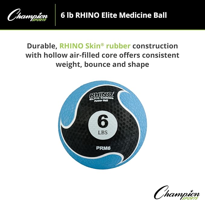 Champion Sports Rhino Elite Medicine Ball – Textured Surface, Superior Grip, Hollow Synthetic Rubber for Consistent Bounce & Durability, Multiple Weights & Colors - Optional Rebounder Sold Separately