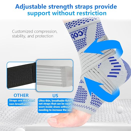 LISEPWU Copper Ankle Brace with Adjustable Compression Bandage, Ankle Support Compression Sleeve for Men & Women, for Foot Pain, Sprained Recovery, Achilles Tendonitis, Sports Protection(Blue S)