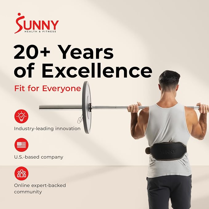 Sunny Health & Fitness S-XXL Leather Weightlifting Belt w/ 6" Back Support