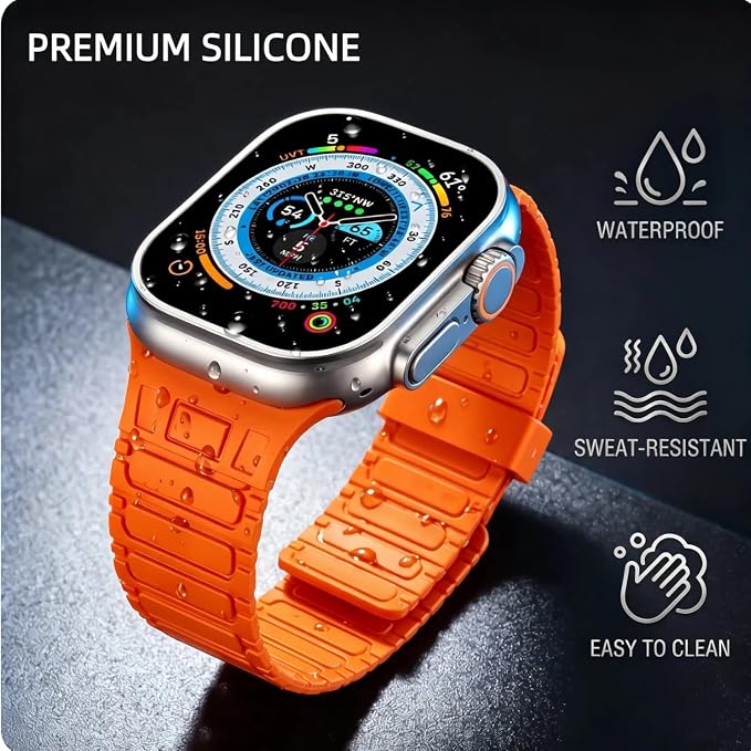 Magnetic Band Compatible with Apple Watch Ultra 3/2/1 Band for Men 49mm 46mm 45mm 44mm 42mm, Silicone Sport Waterproof Loop Strap Magnet Link for iWatch Series SE 11 10 9 8 7 6 5 4 3 2 1(Orange)
