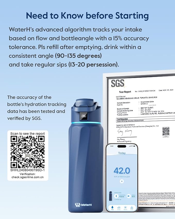 WaterH BOOST Smart Water Bottle Tracker with Reminder to Drink Water, 32oz | Double Wall Vacuum Insulated Stainless Steel, BPA-Free, Leakproof, Smart App Tracking, Travel-Friendly Wide Mouth for Office