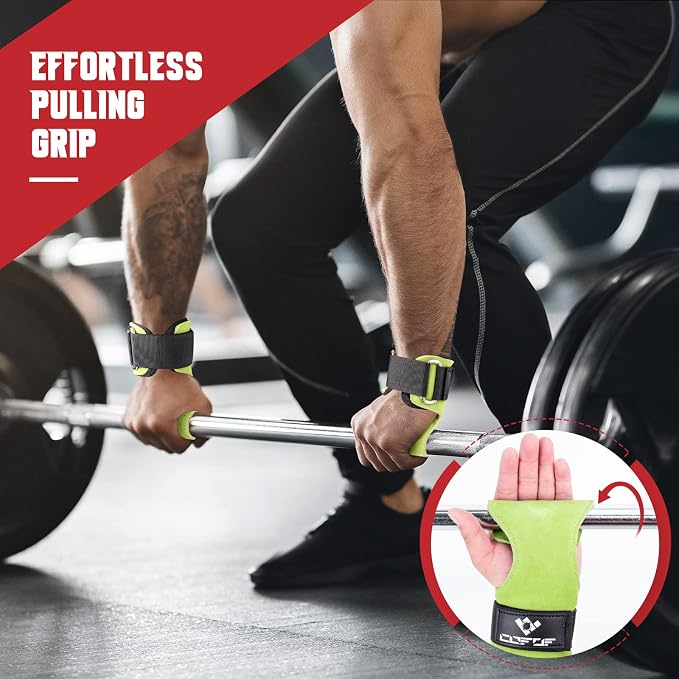 Weight Lifting Wrist Strap, Double-Layer Leather for Deadlift Powerlifting | Gym Strap with Adjustable Neoprene Padded Fit for 6.3–8 Inch Wrist, 8.07-Inch Leather Strap, Gym Workout Lifting Hook (Pair)