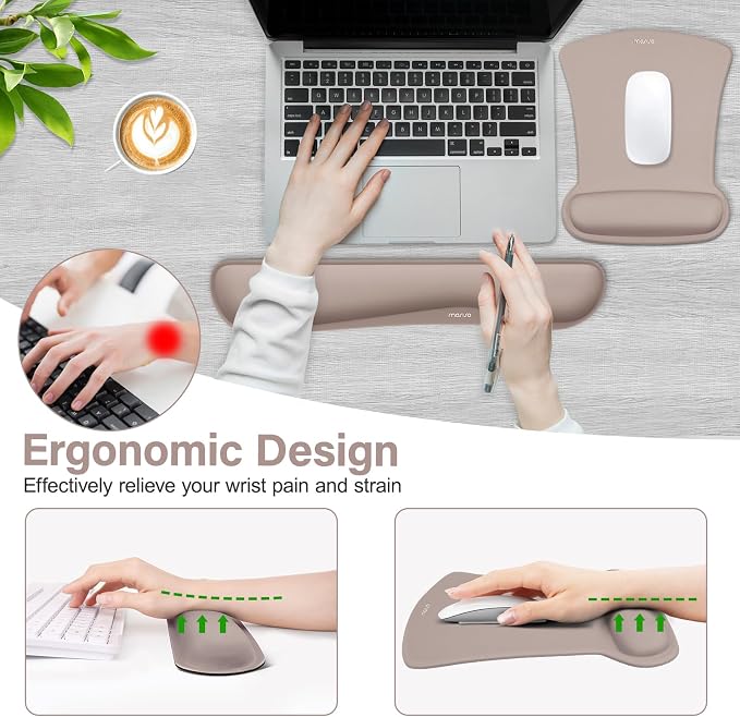 MOSISO Wrist Rest Support for Mouse Pad & Keyboard Set, Ergonomic Mousepad Non-Slip Base Home/Office Pain Relief & Easy Typing Cushion with Neoprene Cloth & Raised Memory Foam, Taupe Brown