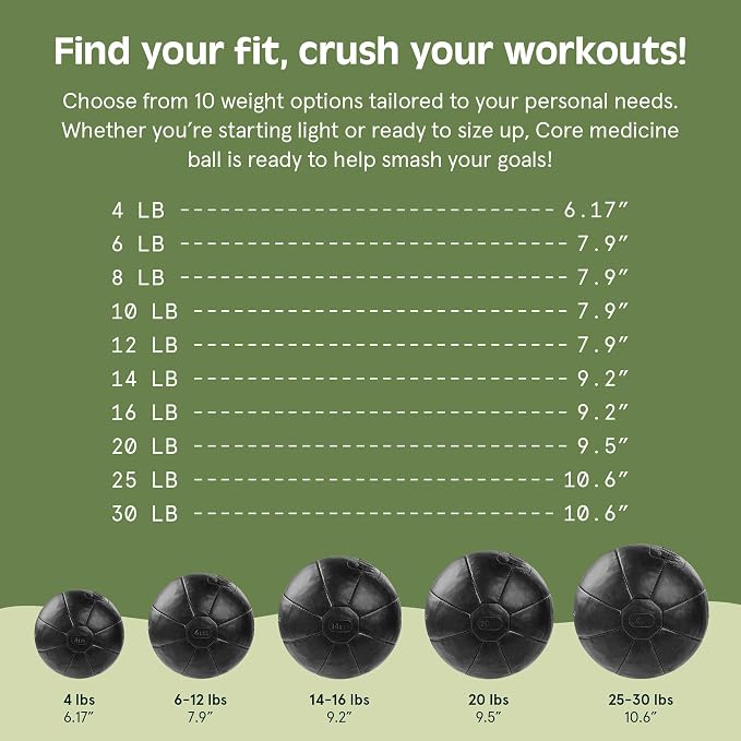 Core Weighted Medicine Ball 4, 6, 8, 10, 12, 14, 16, 20, 25, 30 lbs, Soft Touch Vegan Leather with Sturdy Grip for Strength Training, Recovery, Balance Exercises and Other Full-Body Workouts