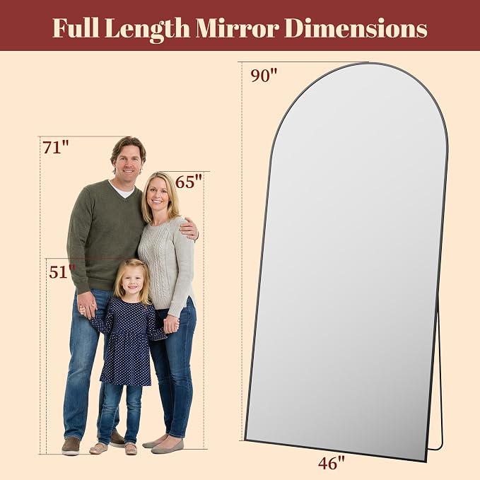 Suidia 90"x46" Arched Full Length Mirror with Stand, Full Body Mirror with Aluminum Frame, Freestanding/Leaning/Wall-Mounted, Floor Mirrors for Bedroom, Living Room, Entryway, Dressing Room, Black