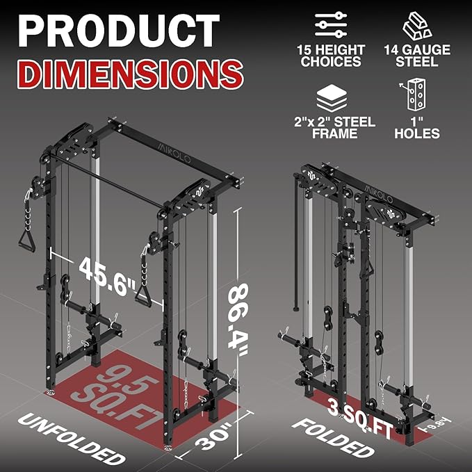 Mikolo Folding Squat Rack, Wall Mounted Power Rack with Cable Crossover Machine & LAT Pull Down, Functional Trainer with 5 Adjustable Function Modes, Home Gym Package