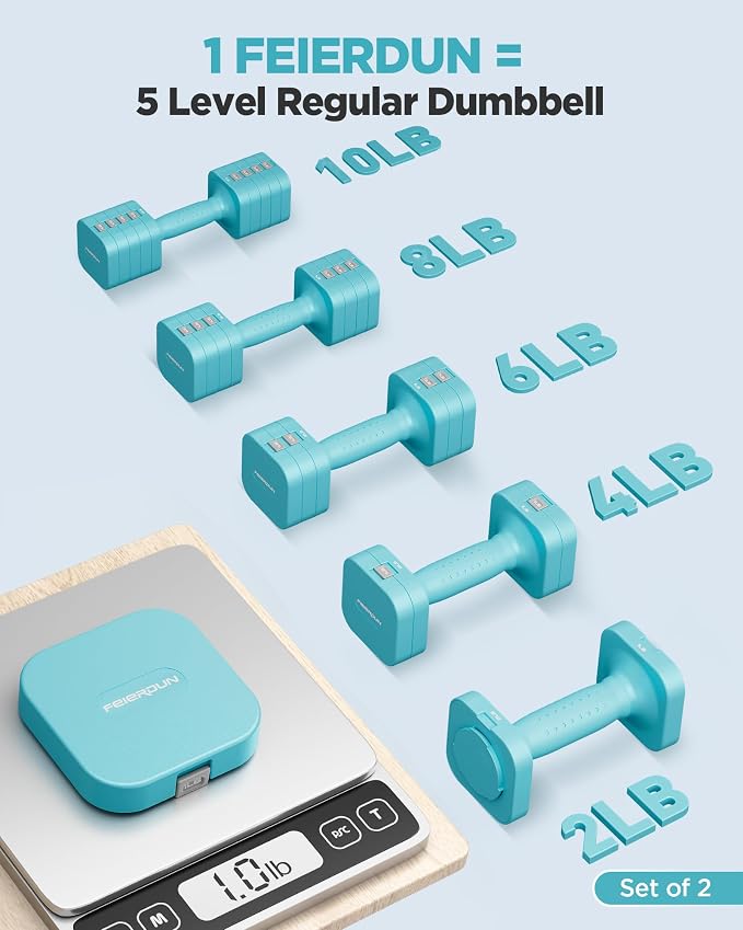 FEIERDUN DB3 5-in-1 Adjustable Dumbbell Set, 6LB/10LB Pair Adjustable Weights for Women at Home, Dual Locking Stable Hand Weights with TPU Soft Handle, Home Gym, Rehab, Pilates, Yoga, Strength Training