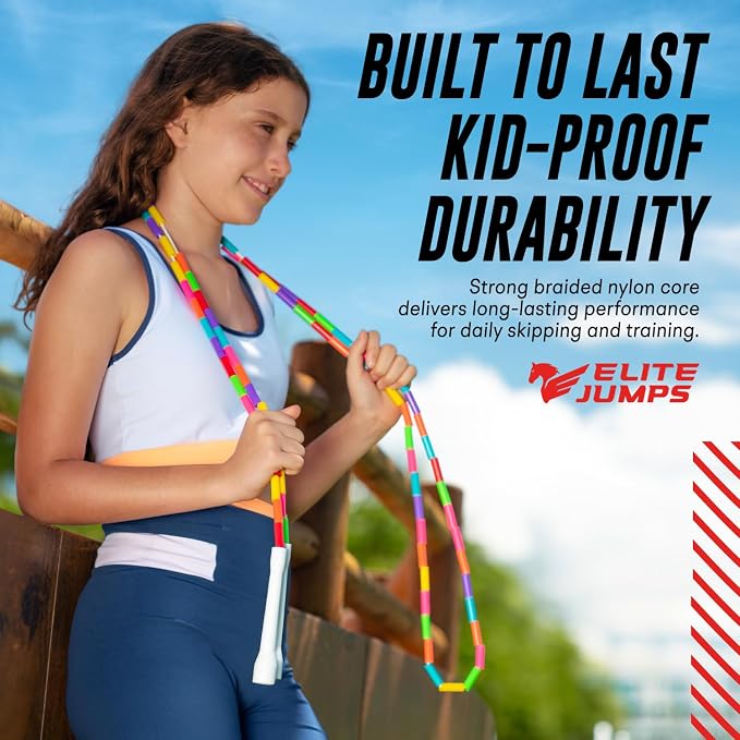 Elite Jumps Beaded Kids Jump Rope, Adjustable | Shatterproof segmented beads. Tangle-free and lightweight. Fun fitness and outdoor play for kids.