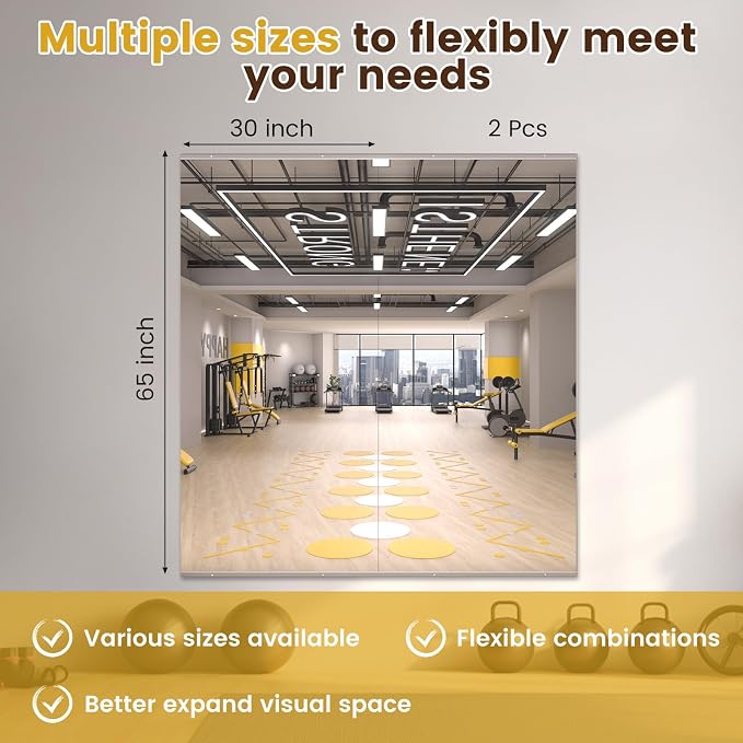 LOAAO Home Gym Mirror 65"x30", 2 PCS | Frameless, Tempered Glass, Large Workout Mirrors, For Home Gym, Dance Studio, Yoga Room, Garage Gym
