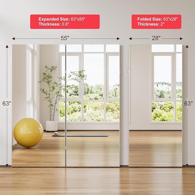 NanoMirror Space-Saving 360° Folding Full Length Mirror, 63" x 55" Ultra-Large Wall Mounted Shatterproof Foldable Design for Home Gym, Yoga, Dance, Fitness Studio, Silver