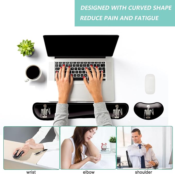 Keyboard Wrist Rest Mouse Wrist Support Set, Memory Foam Wrist Rest Pad for Computer Laptop Keyboard Mouse, Ergonomic Wrist Cushion Support for Typing Pain Relief, Gaming Home Office, Human Skeleton
