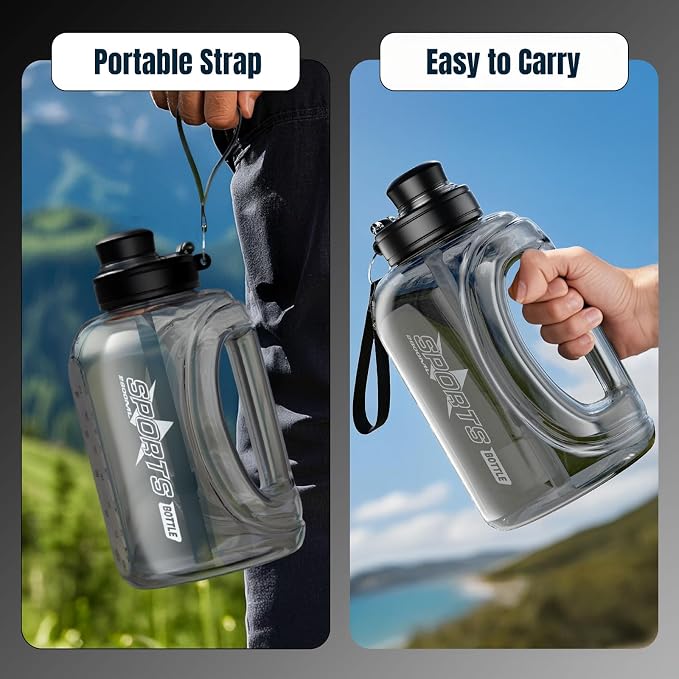 Doseno Big Water Bottle, 95 oz / 2.8 L Water Jug with Straw, 2 Pack, Black | Each plastic bottle has a measuring scale, leakproof lid, carry handle and shoulder strap for gym use and outdoor sports