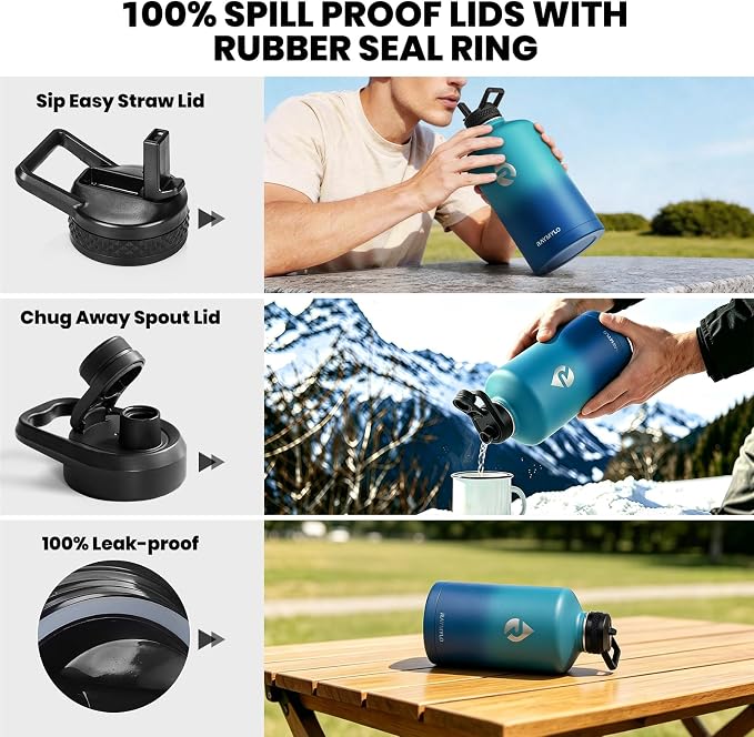 RAYMYLO One Gallon Water Bottle Insulated, Triple Walled Vacuum Stainless Steel (Cold for 48 Hrs), Leak Proof & Non-BPA, Large Water Flask Jug with Paracord Handle & Straw Spout Lids