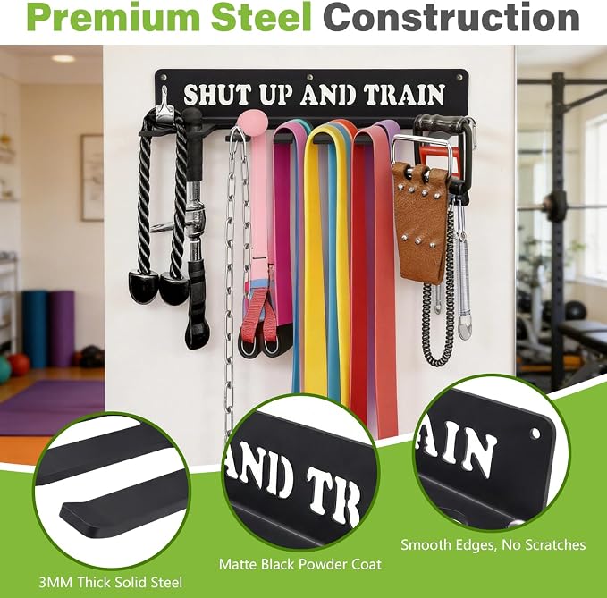 Home Gym Accessories Organization Storage Rack Equipment For Home 8 Hook Wall Hanger Display Gear Barbells Resistance Bands Jump Ropes Lifting Belt Hanger Accessories Hardware Included