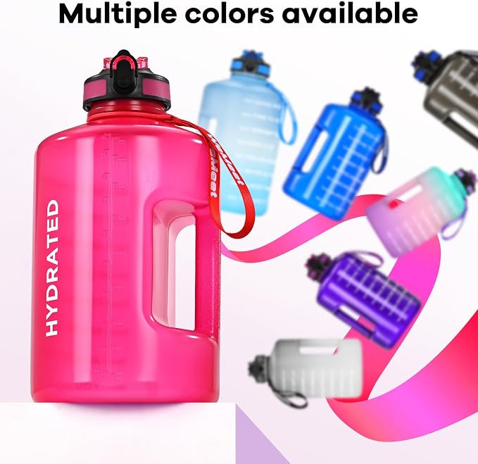 WEMEET Motivational Gallon Water Bottle, BPA Free, Large Sport Water Jug with Handle & Straw, for Fitness, Outdoor, Gym, Travel, Camping, Office (Pink)