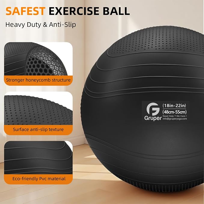 Gruper Yoga Ball, Extra Thick Non Slip Exercise Ball for Workout, Yoga, Pregnancy, 4 Sizes Anti Burst Chair for Home and Office, Includes Foot Pump & Fitness Guide
