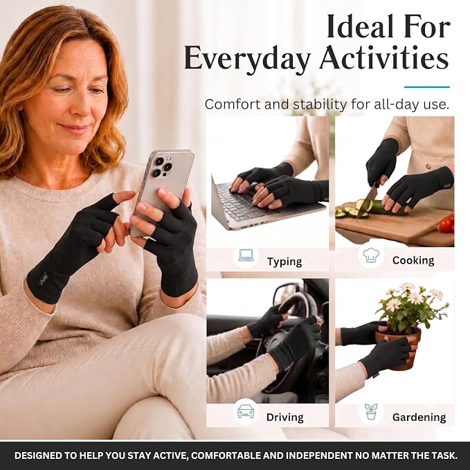 Vive Arthritis Gloves - Men, Women Rheumatoid Compression Hand Glove | Osteoarthritis- Arthritic Joint Pain Relief - Carpal Tunnel Wrist Support - Open Finger, Fingerless Thumb for Computer Typing