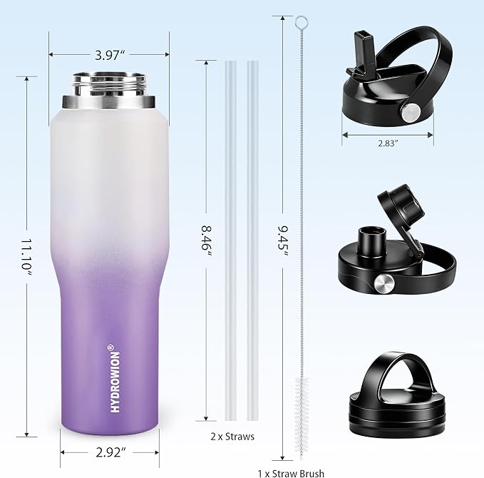 40 oz Insulated Water Bottle with Straw fit in Car Cup Holder(Cold 48 hrs, Hot 24 hrs) Drinking Bottle with Straw Lid, Spout Lid and Flex Cap Leakproof Travel Thermo Mug，White - Purple