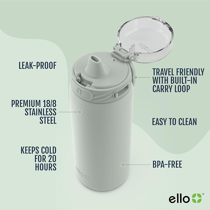 Ello Cooper 18oz Insulated Stainless Kids Water Bottle with Straw, Sage | Leakproof kids water bottle with straw and carry handle. BPA-free, keeps drinks cold 23 hours, backpack friendly for school.