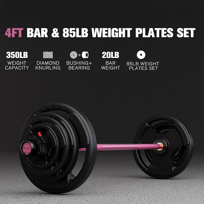 RitFit Barbell Weight Set - 4/6FT Olympic Barbell with Weight Plates (55-115LB Total) - Weightlifting Equipment for Squats, Curls, Deadlifts, Presses, Hip Thrusts