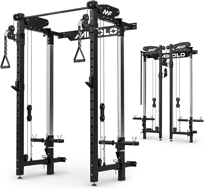 Mikolo Folding Squat Rack, Wall Mounted Power Rack with Cable Crossover Machine & LAT Pull Down, Functional Trainer with 5 Adjustable Function Modes, Home Gym Package