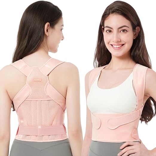 Vicorrect Posture Corrector for Women and Men: Adjustable Back Brace for Upper Back Support & Shoulder Neck Pain Relief - Lightweight Breathable Design (Pink Small)