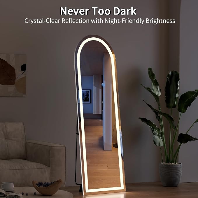 Koonmi LED Arched Full Length Mirror, 63"x20" Full Length Mirror with Lights, Lighted Floor Mirrors with Stand, Full Body Mirrors with Dimming & 3 Color Lightingfor Living Room Cloakroom, White