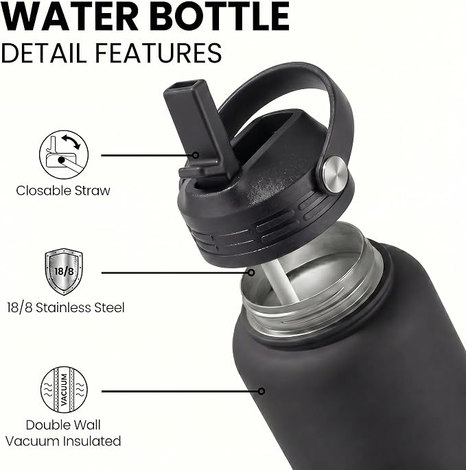 Black Insulated 32 oz Metal Leakproof Water Bottle | Stainless Steel, 1 Liter, Leakproof, 2 Lids, Large Sports Water Bottle for Gym,Hiking