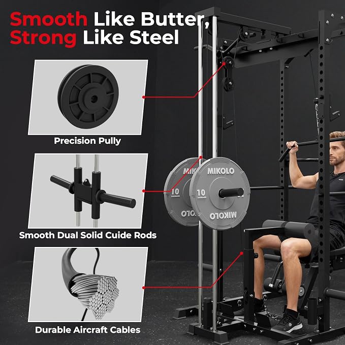 Mikolo F4 2.0 Power Cage with Dual-Track Smooth Pulley System, 1200LBS Power Rack with Leg Hold-Down for Heavy LAT Pulldowns