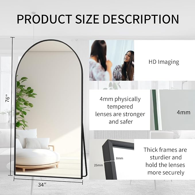 Beauty4U 76" x 34" Arched Full Length Mirror with Stand, Black Floor Mirror | Large Standing, Leaning, or Wall-Mounted Tempered Full Body Mirror with Metal Frame for Bedroom, Closet, Modern Home Decor
