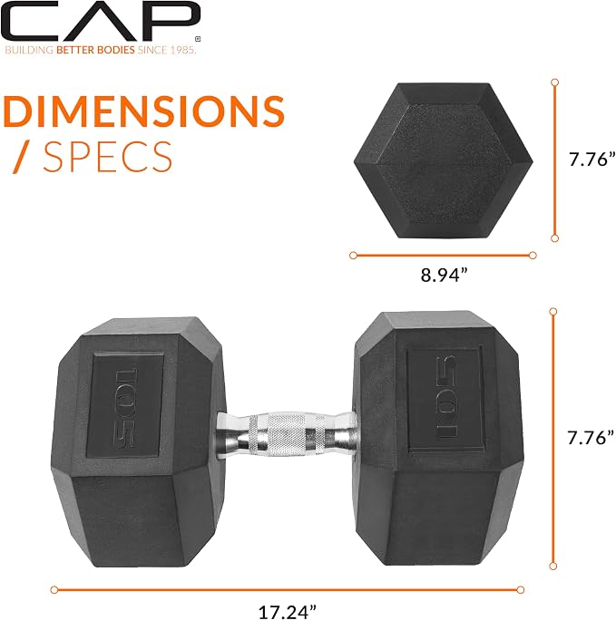 CAP Rubber Coated Dumbbell Weights, Free Weights for Home Gym Strength Training, Anti-Roll Hex Dumbbells with Black, Chrome & Comfort Grip Handles, Singles