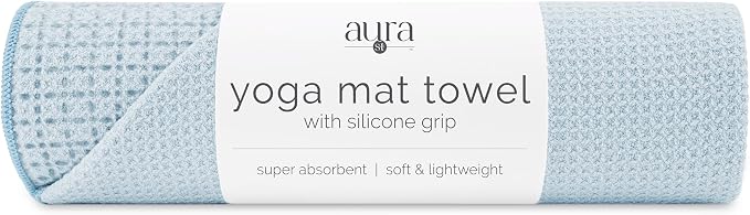 S&T INC. Aura Microfiber Yoga Mat Towel with Grip, 24" x 72", Blue | Silicone Grip Backing, Soft and Absorbent, Quick-Dry for Gym, Pilates, and Hot Yoga, Compact for Gym Bag, Machine Washable