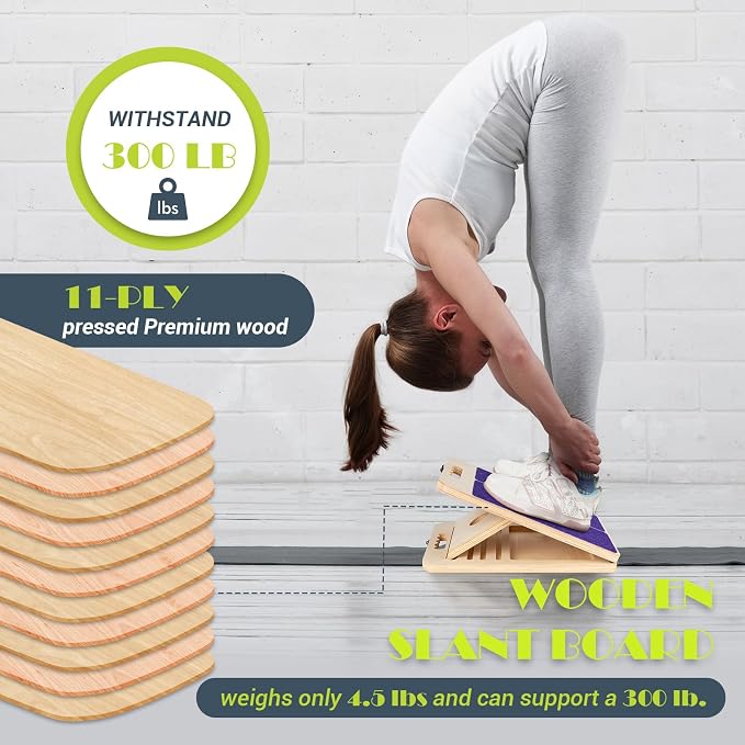 Slant Board Calf Stretching, 300 LBS Capacity Portable Wooden Incline Board | Training Poster, 5 Adjustable Angles, Non-Slip Calf Mobility Board for Legs, Ankles, Knees, Heels, Physical Therapy & Squats