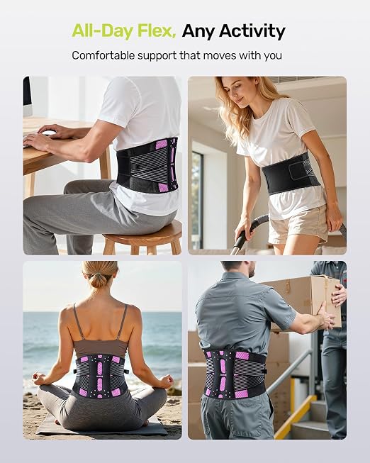 Rakiie Slim Back Brace for Lower Back Pain Relief, Lightweight & Breathable Back Support Brace for Men Women, Ergonomic Light Lumbar Support for Everyday Wear, Pink S
