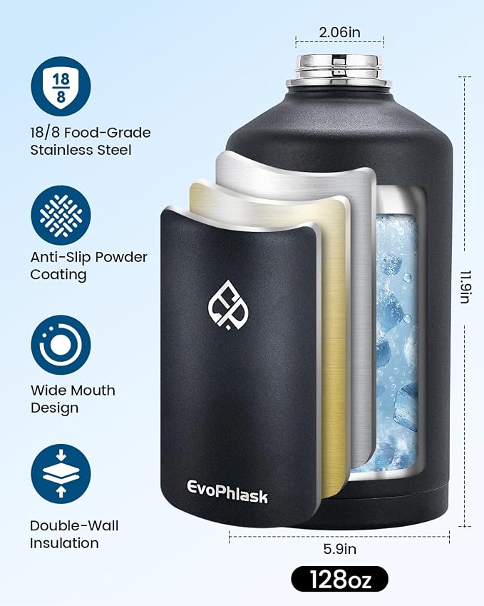 1 Gallon Water Bottle Insulated(Cold for 48Hrs), Matte Black | Stainless Steel, BPA Free, Leak Proof, 128 oz Gallon Water Jug for Sport, Hiking, Camping