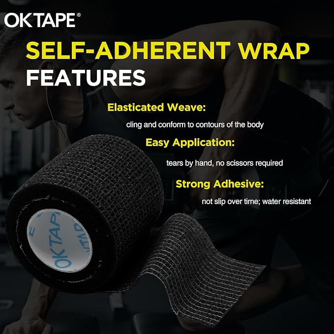 OK TAPE 24 Rolls Self Adhesive Bandage Wrap, Cohesive Elastic Athletic Tape | Vet Wrap, Sports Tape, Medical Wrap for Wrist, Feet, Self Stick Bandage Tape, 2" x 5 Yards - Black