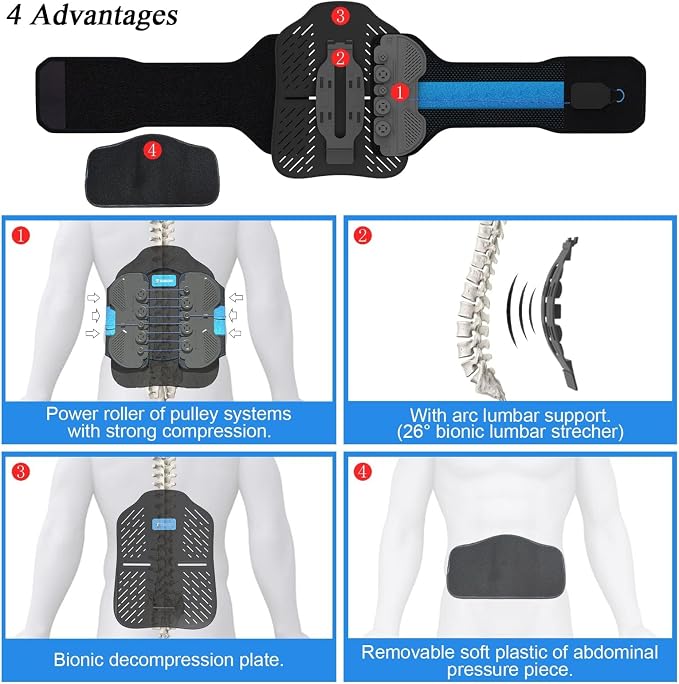 3.0 LSO Back brace for lower back with Maximum Decompression Plate | Comfort Curve Back Support New Added with Foam Pad,Dual Pulley System Lumbar Support Belt for Lower Back Pain Relieve