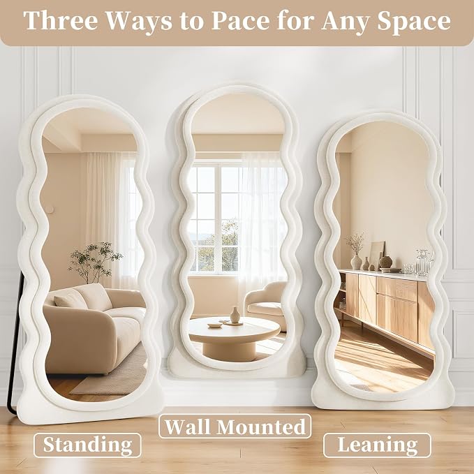 Full Length Mirror, 63"x24" Full Body Mirror with Stand | Full Body Mirror with Stand, Flannel Floor Mirrror Bedroom and Living Room, Wall Mirror Hanging or Leaning, Beige