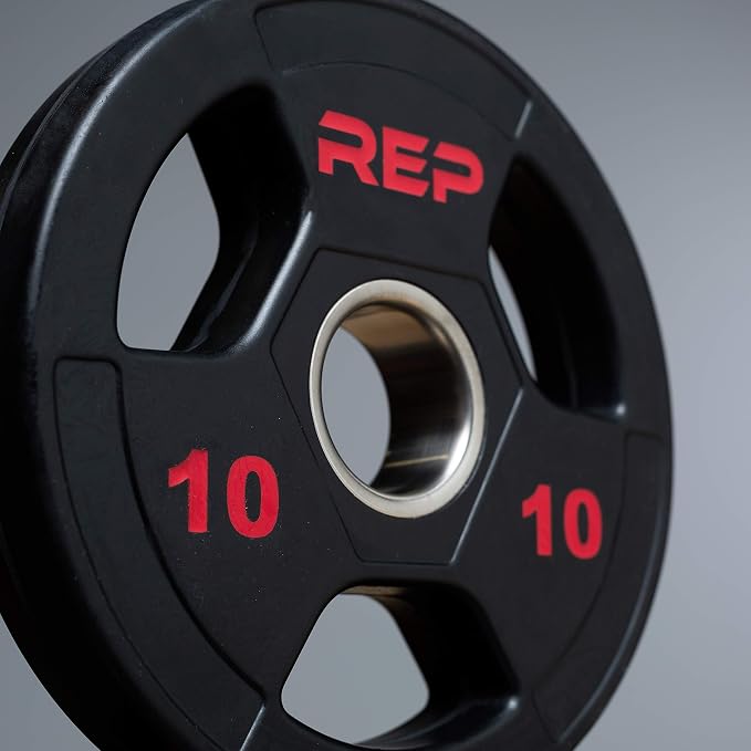 REP Fitness Rubber Coated Olympic Plates, Updated Design - Tri-Grip Olympic Barbell Weights – Sold in Pairs and Sets…
