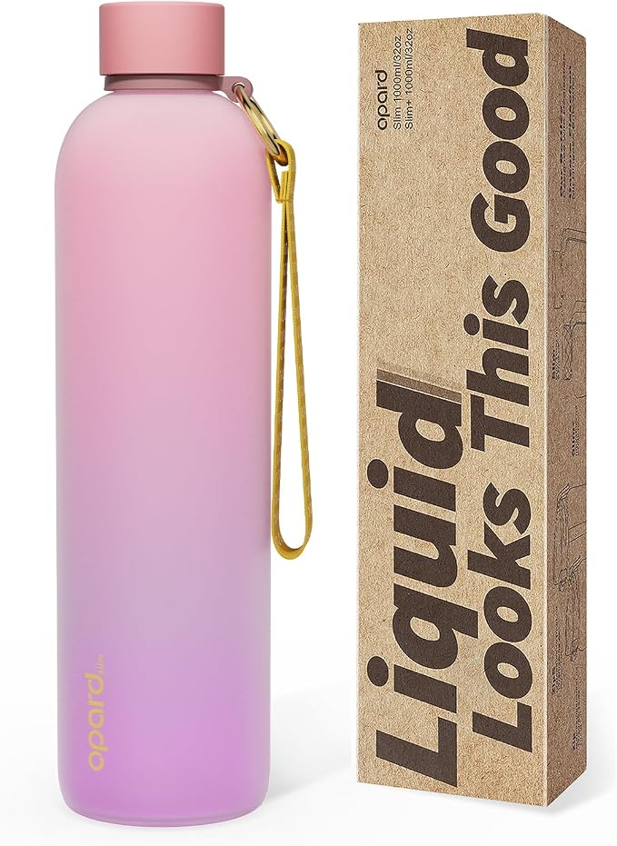 Opard Slim Water Bottle 32oz, Dishwasher Safe Plastic Water Bottle BPA-Free, Leakproof Screw Top, Sunset Pink Purple, Reusable for Travel School Sport Gym Hiking