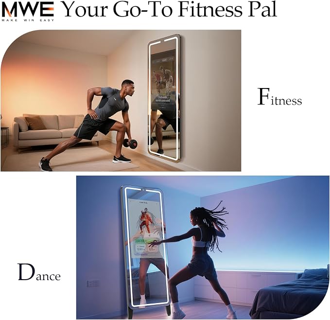 Smart Gym Mirror for Home Workout | 32" HD Touch-Screen Andriod OS | 63" Reflective Surface | No VIP Fees Support Various APPs, Music Sync LED Light Strip, for Home Gym/Yoga/Dance