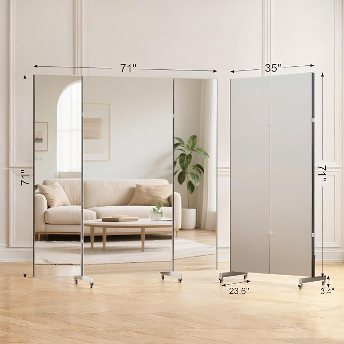 brisafe 71" X 71" Large Full Body Non-Glass Frameless Mirror on Wheels, NanoMirror 360° Swivel Shatterproof Unbreakable Foldable Fitness Mirror for Home Gym Yoga Dance Studio, White