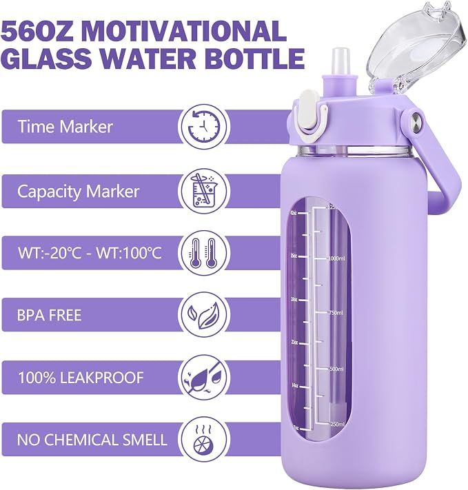 56oz Glass Water Bottles with Straw, Motivational Glass Bottle with Silicone Sleeve and Time Marker, Leakproof Large Glass Water Jug for Gym Home Office,Purple