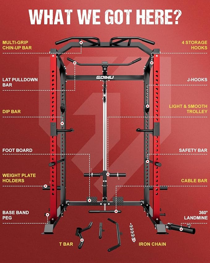 C1-V4 Power Cage, 2000LBS Squat Rack with LAT Pulldown, Multi-Function Weight Cage Strength Training Machine, Workout Cage with More Attachments for Home Gym Garage