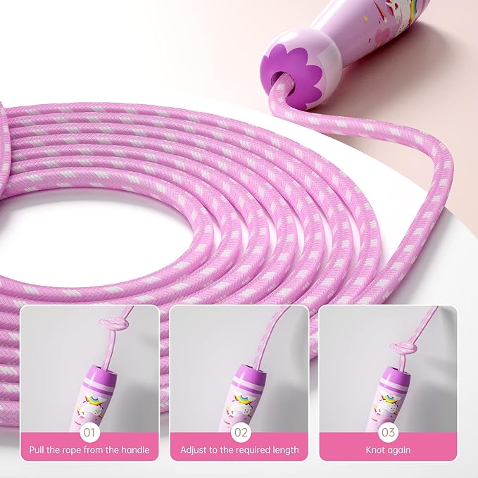 Jump Rope for Kids-Adjustable Cotton Braided Skipping Rope with Wooden Handle for Toddler Fitness Workout Exercise Outdoor Activity