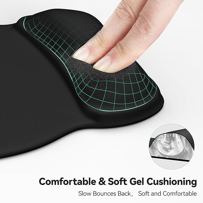 TECKNET Gel Ergonomic Mouse Pad with Wrist Rest, Non-Slip PU Base, Black | Comfortable Gel Cushion, Pain Relief, Smooth and Waterproof Surface, Mouse Pad with Wrist Rest for Office, Gaming and Study
