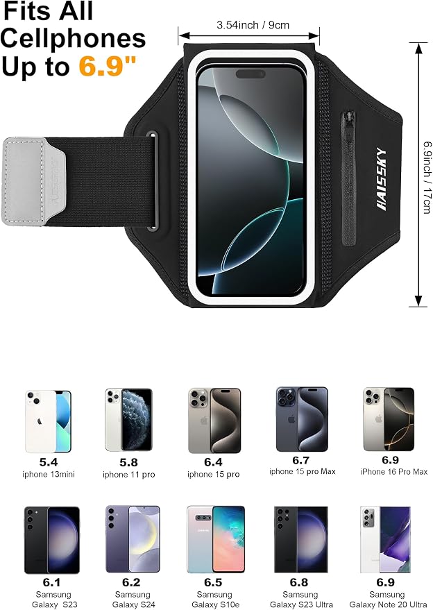 Running Armband with Earphone Bag Cell Phone Armband for iPhone 16 15 Pro 14 Plus 13 11 XR XS, Galaxy S24/S10 Water Resistant Sports Phone Holder Case & Zipper Slot Car Key Holder for 6.9 inch Phone | Zipper Pocket for Keys & Earphones, TPU Touchscreen...