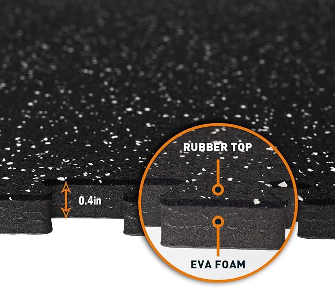 1/2" Thick 48 Sq Ft Rubber Top Gym Flooring, 12 Pcs High Density EVA Foam Exercise Equipment Mats - Interlocking Floor Tiles for Home Gym - 24 x 24in Tile, Black
