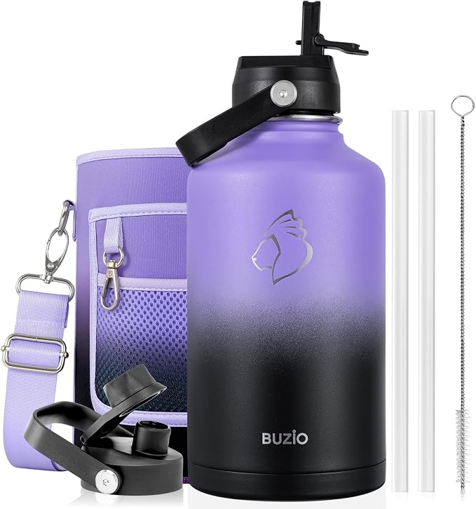 BUZIO 64oz Insulated Water Bottle with Straw Lid and Spout Cap, Stainless Steel Powder-Coat Water Flask, Keep Beverage Cold for 48 Hrs Hot for 24 Hrs Simple Thermo Canteen Mug, Purple Black
