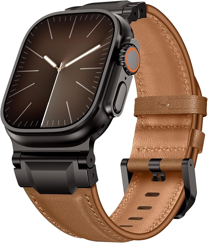 Bands Compatible with Apple Watch Ultra 3/2/1 Band 49/46/45/44mm | Genuine Leather Metal Connector Strap for iWatch Ultra Series 11/10/9/8/7/SE/6/5/4/3/2/1, Light Brown/Black